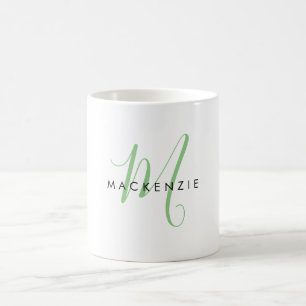 Mug Élégant Monogramme moderne de script vert