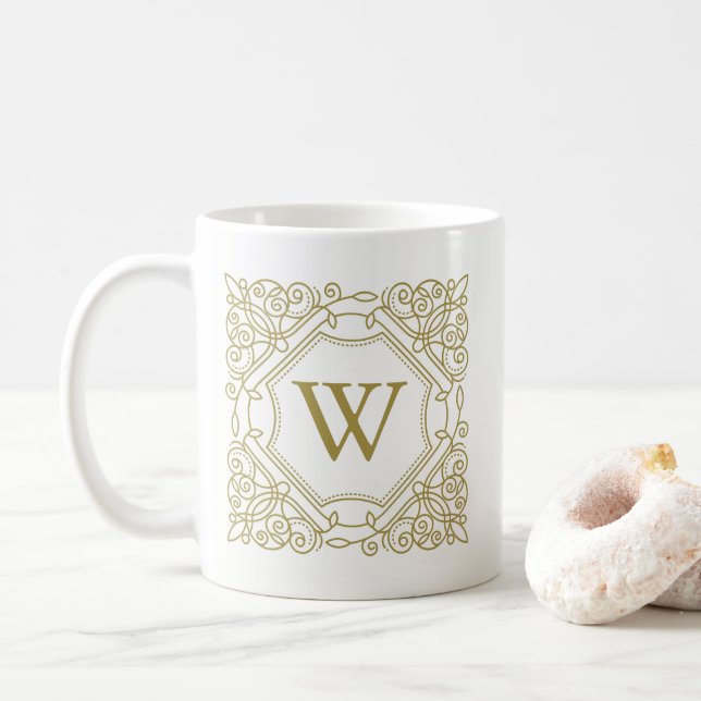 Mug Elégant Monogramme Or Cadre Ornemental (Avec donut)