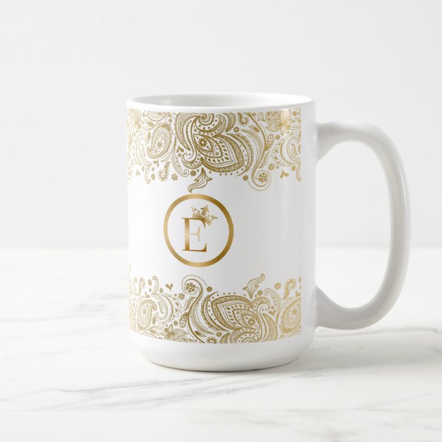 Mug Élégant Monogramme Or Et Blanc Paisley (Droite)