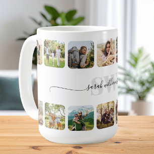 Mug Élégant Monogramme Personnalisé 14 Photo Collage