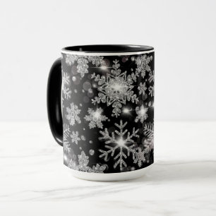 Mug Élégant Noël noir blanc argent flocons de neige