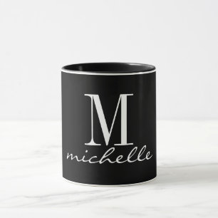 Mug Élégant Noir et Blanc Nom Monogramme Personnalisé