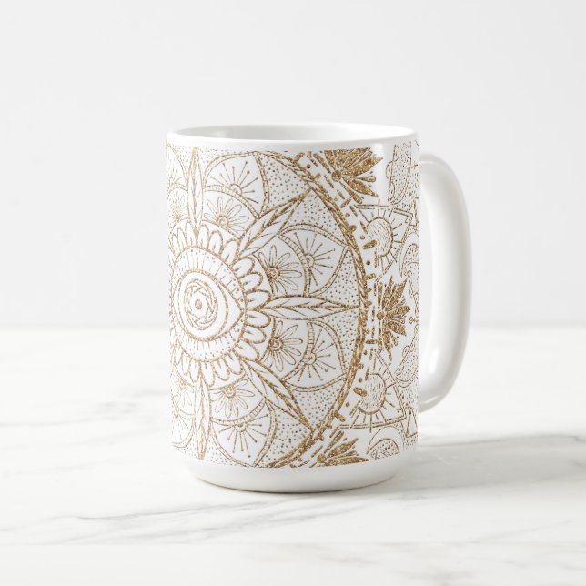 Mug Elégant or Oeil Soleil Lune Mandala Blanc (Devant droit)