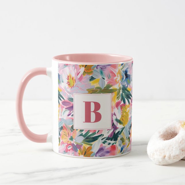 Mug Élégant Pastel rose Abstrait Floral Monogrammé (Avec donut)