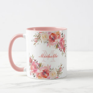 Mug Élégant Pastel Rose Peach Rose Monogramme floral