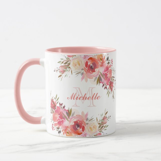 Mug Élégant Pastel Rose Peach Rose Monogramme floral (Gauche)