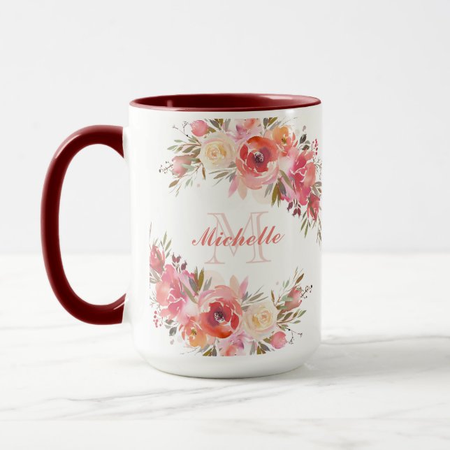 Mug Élégant Pastel Rose Peach Rose Monogramme floral (Gauche)