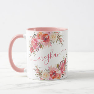Mug Élégant Pastel rose Pêche Rose Floral Monogramme M