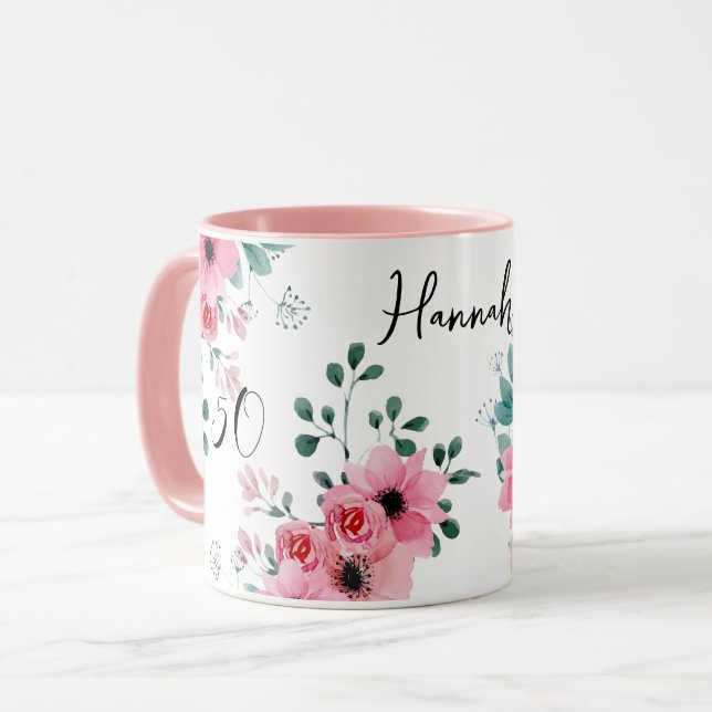 Mug Élégant rose floral 50e anniversaire Nom à deux to (Devant gauche)