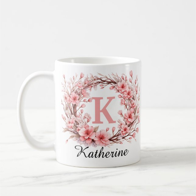 Mug Élégant rose Floral Aquarelle Nom (Gauche)
