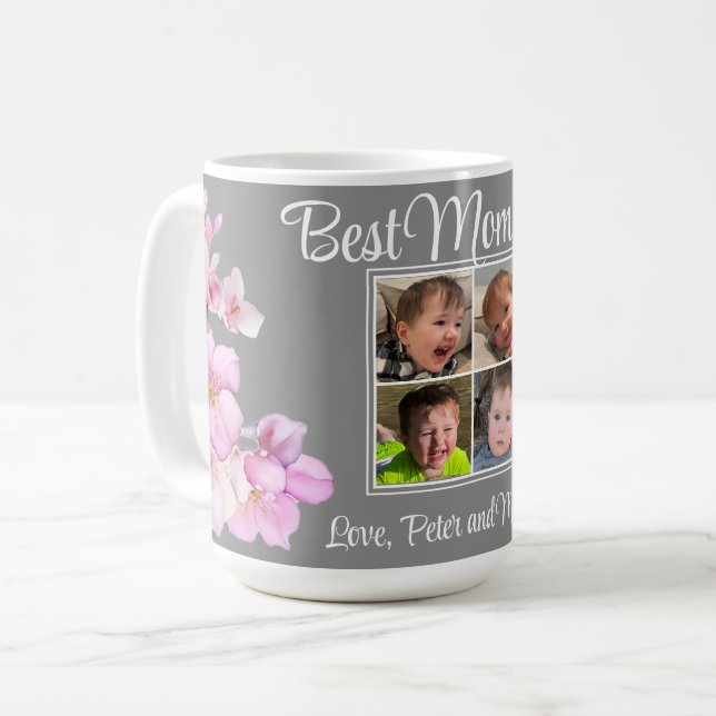 Mug Elégant rose floral personnalisé quatre photos (Devant gauche)