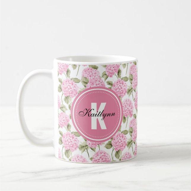 Mug Elégant rose Hydragea Fleurs Motif Monogramme Cof (Gauche)