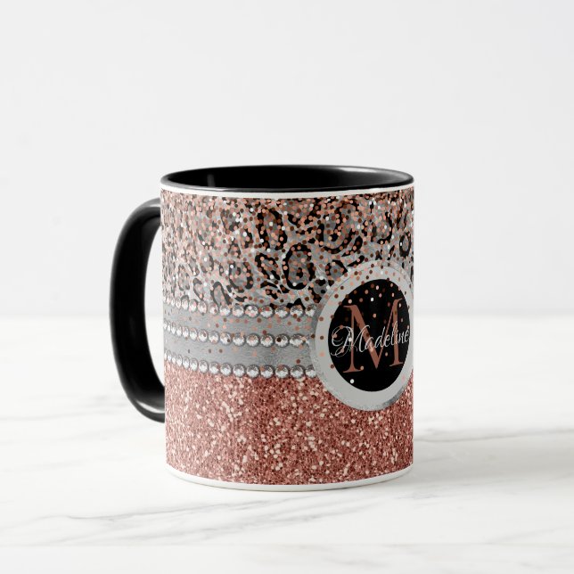 Mug Élégant Rose  or Parties scintillant Leopard Monog (Devant gauche)