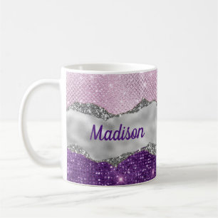 Mug Élégant rose violet brillance argent girly monogra