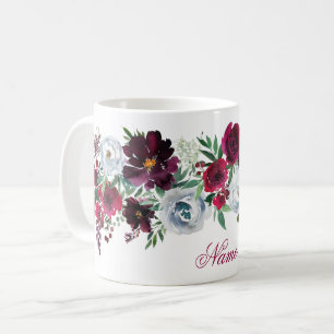 Mug Elégant Rustique Bourgogne Bleu Roses et pivoines