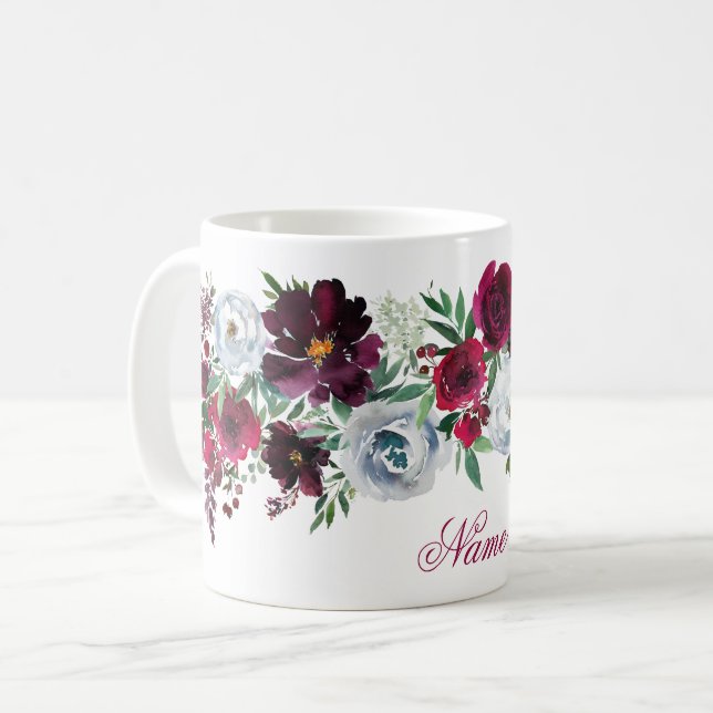 Mug Elégant Rustique Bourgogne Bleu Roses et pivoines (Devant gauche)