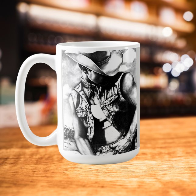 Mug Elégant, rustique noir & blanc croquis Cowboy (Cowboy bracing from the wind and dust coffee mug.)