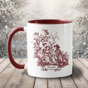 Mug Élégant Vintage Rouge Monogramme Toile de Jouy