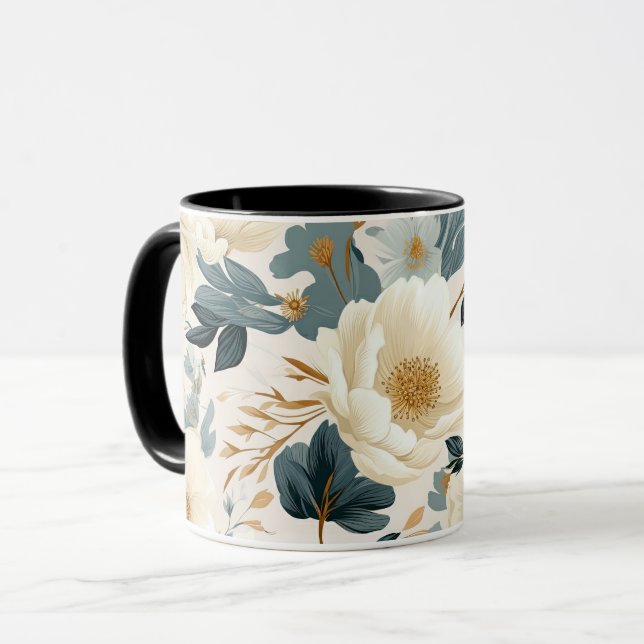 Mug Elégante aquarelle blanche et bleue Floral (Devant gauche)