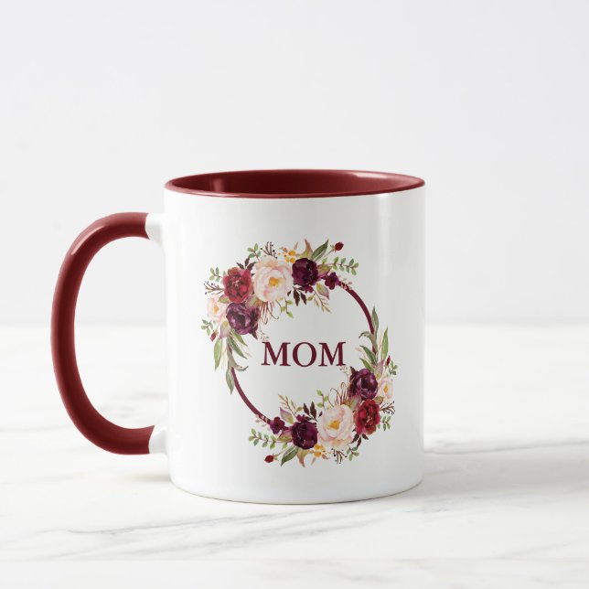 Mug Elégante aquarelle Bourgogne Floral Maman (Gauche)