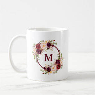 Mug Elégante aquarelle Bourgogne Floral Monogramme