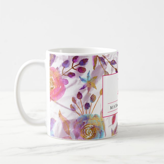 Mug Elégante aquarelle fleurie rose et blanc (Gauche)