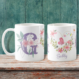 Mug Elégante aquarelle papillon floral Monogramme G