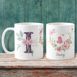 Mug Elégante aquarelle papillon floral Monogramme I