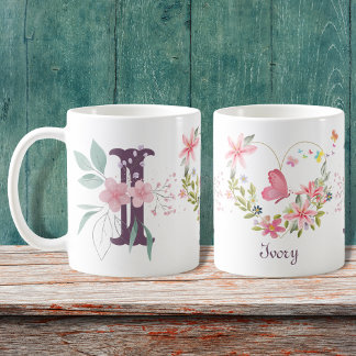 Mug Elégante aquarelle papillon floral Monogramme I