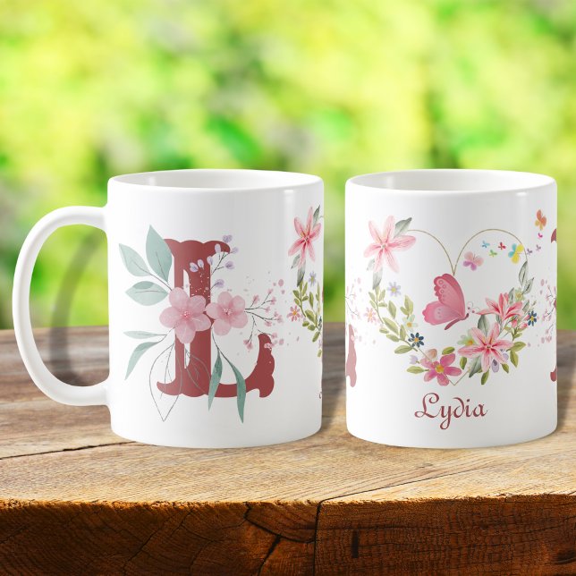 Mug Elégante aquarelle papillon floral Monogramme L (Créateur téléchargé)
