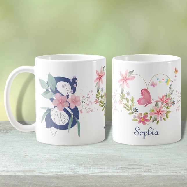 Mug Elégante aquarelle papillon floral Monogramme S (Créateur téléchargé)