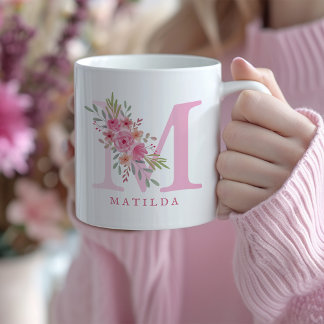 Mug Elégante aquarelle rose Floral Nom