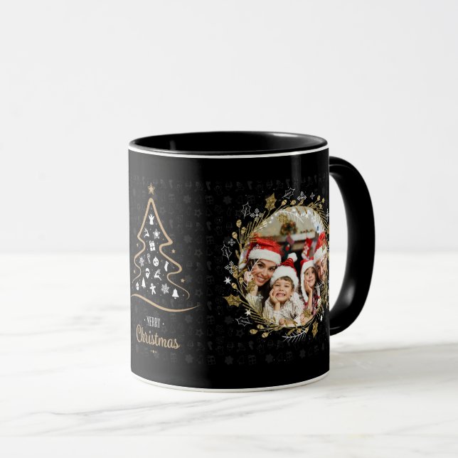 Mug Élégante couronne de Noël d'argent noir et d'or (Devant droit)