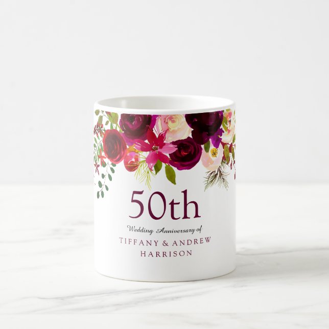 Mug Élégante Fleurs Bourgogne 50e anniversaire de Mari (Centre)