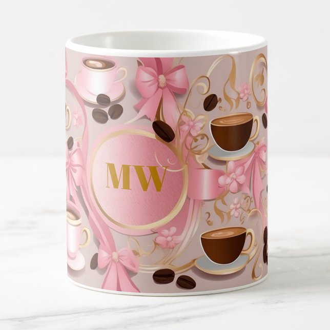 Mug Élégante fleurs roses et ruban monogramme personna (Créateur téléchargé)