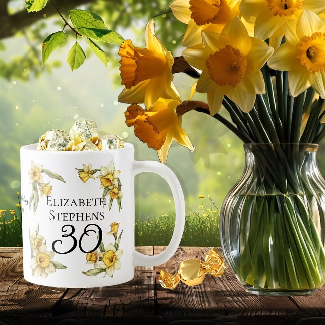Mug Élégante jonquille jaune 30e anniversaire floral (Elegant Yellow Daffodils Floral "30" 30th Birthday Keepsake Coffee Mug)