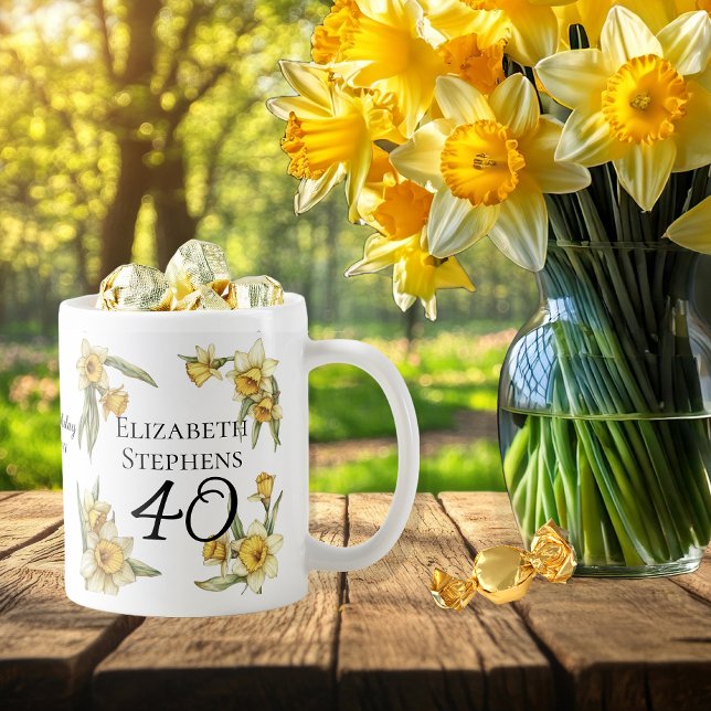 Mug Élégante jonquille jaune 40e anniversaire floral (Elegant Yellow Daffodils Floral "40" 40th Birthday Keepsake Coffee Mug)