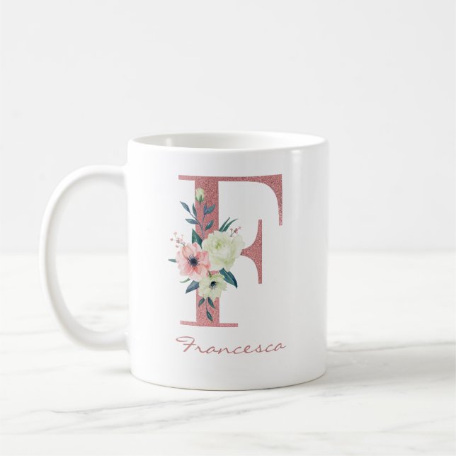 Mug Élégante lettre florale F Bouquet rose et ivoire (Gauche)