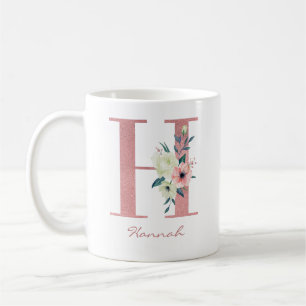 Mug Élégante lettre florale H Pink and Ivory Bouquet