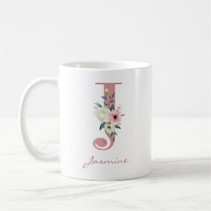 Mug Élégante lettre florale J Pink and Ivory Bouquet
