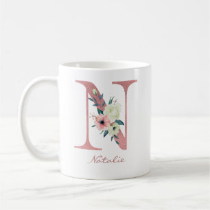 Mug Élégante lettre florale N Bouquet rose et ivoire