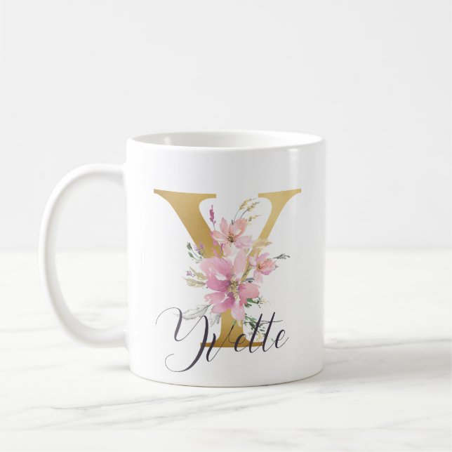 Mug Élégante lettre rose florale or Monogramme Y (Gauche)