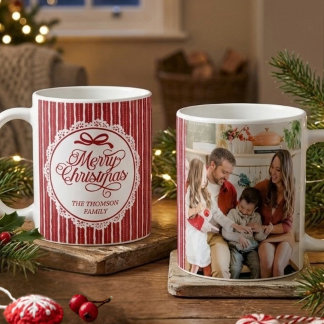 Mug Élégante Photo de Famille Rouge et Blanc Joyeux No