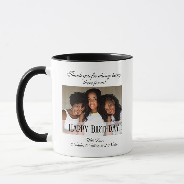 Mug Elégante photo personnalisée Joyeux café d'anniver (Gauche)