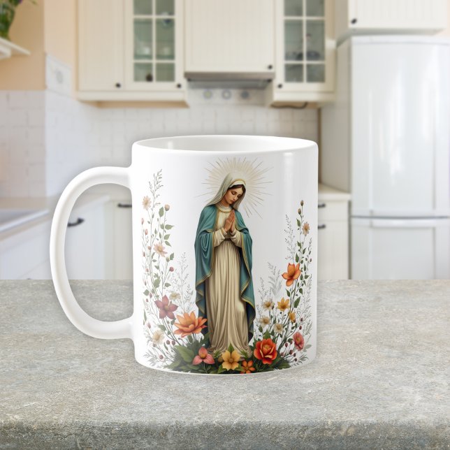 Mug Élégante prière de la Vierge Catholique Florale (Elegant Floral Catholic Virgin Mary Prayer Coffee Mug)