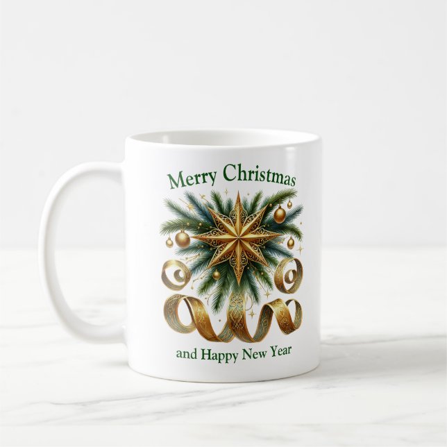 Mug Elégante sauge et or étoile de Noël et verdure (Gauche)