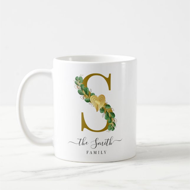 Mug Élégante verdure Monogramme Nom de famille Lettre  (Gauche)