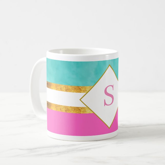 Mug Élégantes rayures roses et vertes avec monogramme (Devant gauche)
