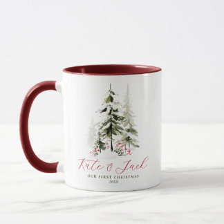 Mug Élégants Pins Aquarelle Notre Premier Noël