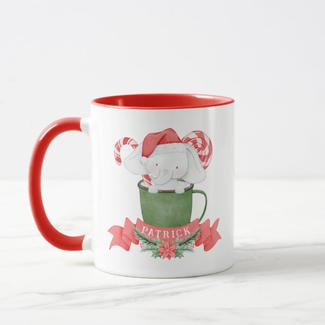 Mug Eléphant blanc mignon à Noël vert (Gauche)